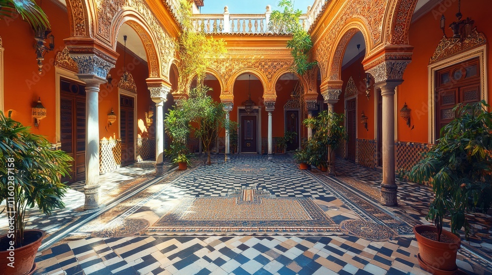 Obraz premium Captivating mosaic courtyard historic location architectural photography lush environment topdown perspective cultural heritage