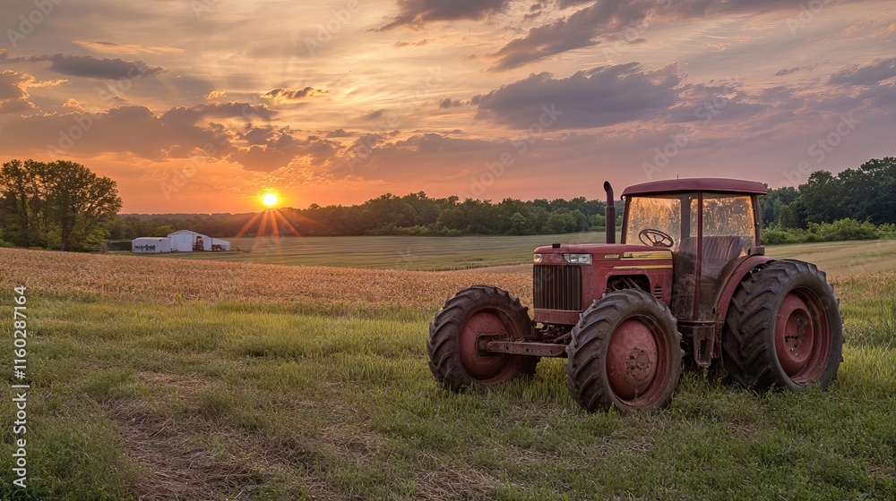 Vintage tractor operating in expansive green field during vibrant sunset over serene maryland farm landscape