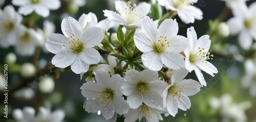 Refreshing image of dew-covered white blossoms in macro, water droplets, garden wonders