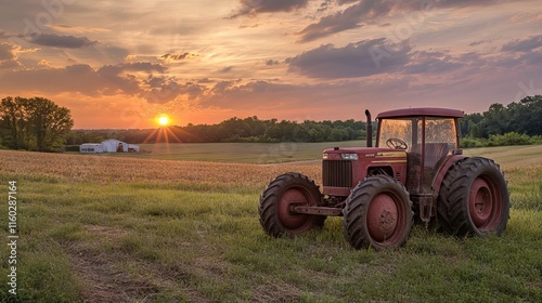 Obraz na płótnie Vintage tractor operating in expansive green field during vibrant sunset over serene maryland farm landscape w salonie
