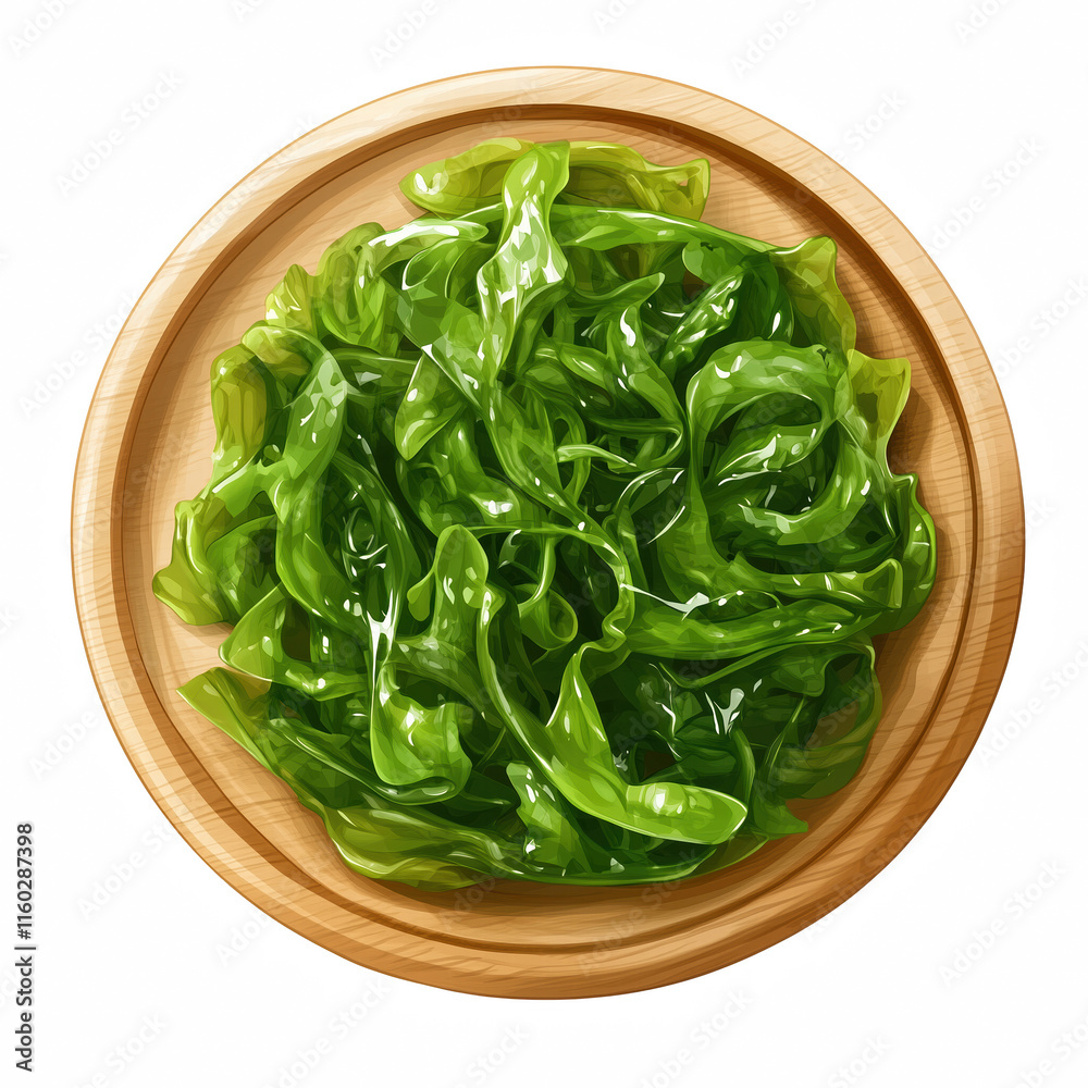 Realistic fresh green seaweed on round wooden plate isolated on transparent background Generative Ai.
Realistic fresh green seaweed on round wooden plate isolated on transparent background Generative Ai.