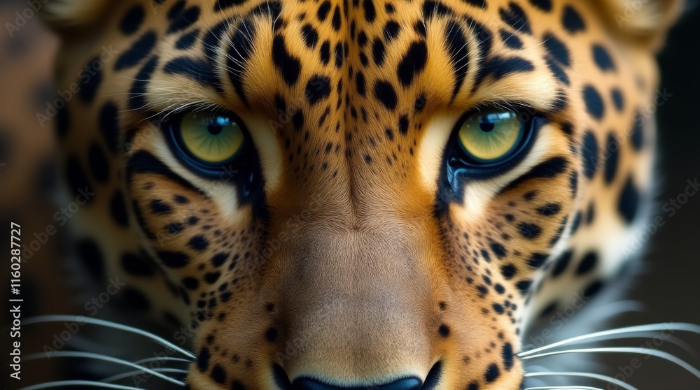 Naklejka premium close-up of a leopard's face, highlighting its striking green eyes and intricate patterns of its fur