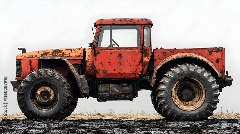 An old, rusty red tractor parked on a muddy field, showcasing its vintage design and wear. An old, rusty red tractor parked on a muddy field, showcasing its vintage design and wear.