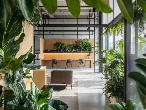 The backdrop is an inspiring minimalist Scandinavian office design featuring ample natural light, contemporary furnishings and lush greenery for a serene workspace. photo