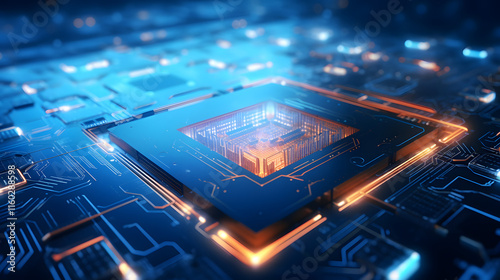 Futuristic Microchip Processor with Illuminated Blue Background, High-Tech Quantum Computer Concept for Advanced Data Processing and Database Management.