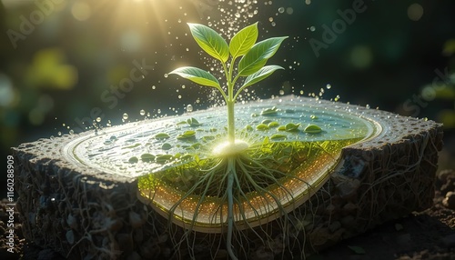 Plants show roots, stems and leaves, with fluorescent water molecules moving up the leaves and evaporating in sunlight. photo