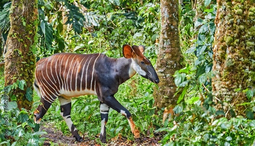 The Striped Okapi Walking Through the Dense Ituri Rainforest
