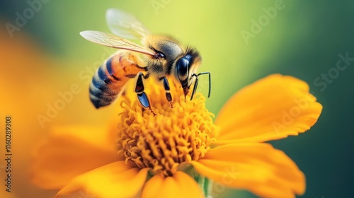 Honeybee on a vibrant yellow flower, a close-up shot showcasing intricate details of nature's beauty. The bee's fuzzy body and the flower's delicate petals are vividly captured.