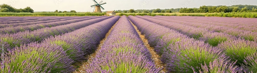 Fototapeta premium A scenic lavender field with rows of purple flowers and a windmill in the background.