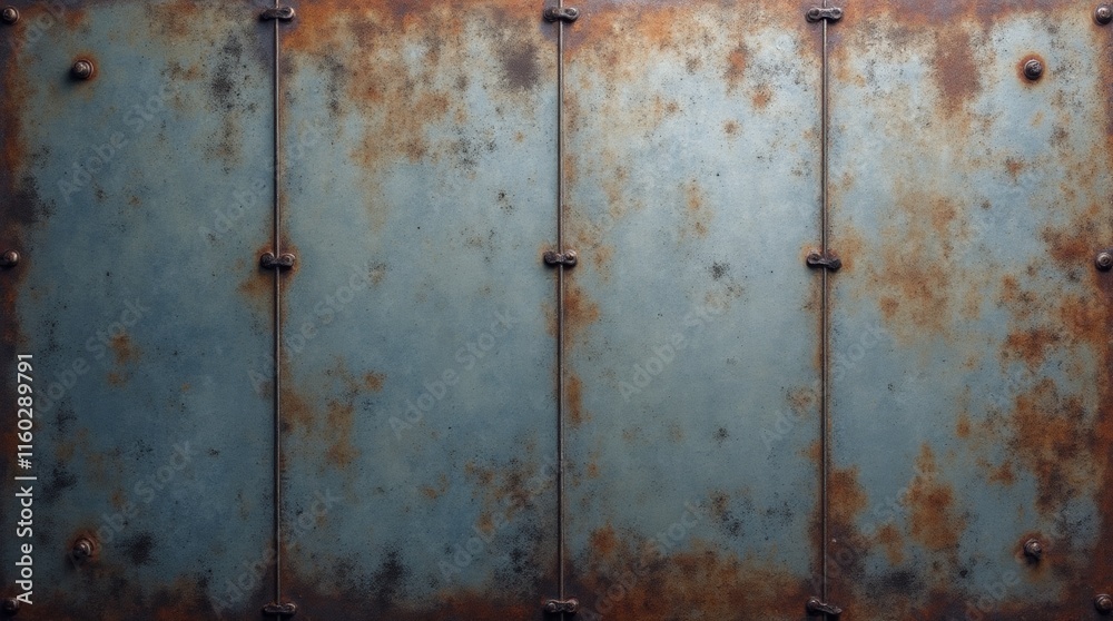 Weathered metal surface showing rivets and texture creating industrial background Weathered metal surface showing rivets and texture creating industrial background