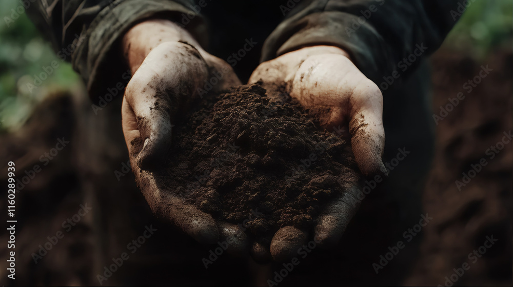 Hand in dirt, compost hand. Organic farmer with loamy soil in hands during planting. Farmer hands holding soil, dirts Hand in dirt, compost hand. Organic farmer with loamy soil in hands during planting. Farmer hands holding soil, dirts
