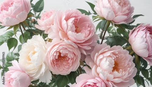 Fototapeta Naklejka Na Ścianę i Meble -  Roses and peonies in pastel hues on a white background, art, roses