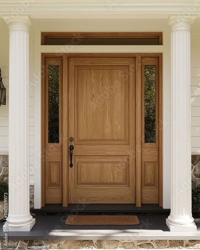 A sophisticated wooden front door set in a charming porch adorned with white columns that creates an inviting entrance to the beautiful home.