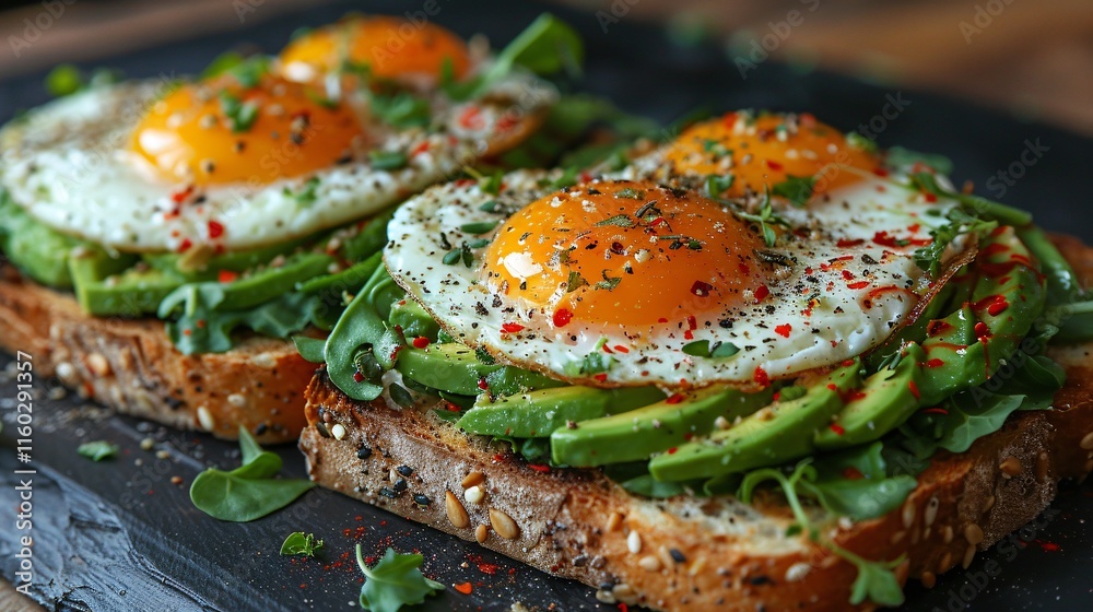 Bread with fried eggs avocado and greens close up Bread with fried eggs avocado and greens close up