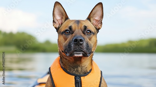 Adventurous dog in life jacket kayaking on lake outdoor animal portrait summer close-up fun vibes