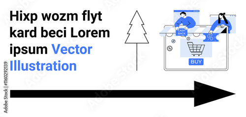 People shopping online on tablets, cashback rewards and discount icons, shopping cart, large arrow, tree. Ideal for digital marketing, online stores, customer engagement, promotions mobile shopping