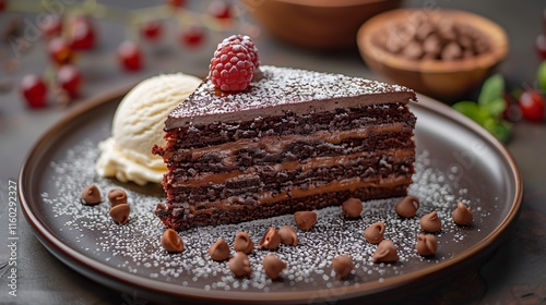 Cake and ice cream. A slice of chocolate cake 