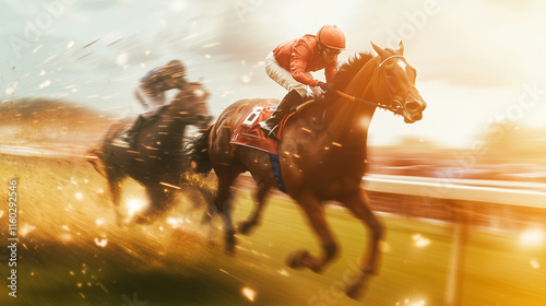 Two jockeys racing horses on a track. Racing, horses, sports, betting betting, jockey, rush, competition. Jockeys rush to the finish line during a race. Jockey rushes horses during sports. Lifestyle. photo