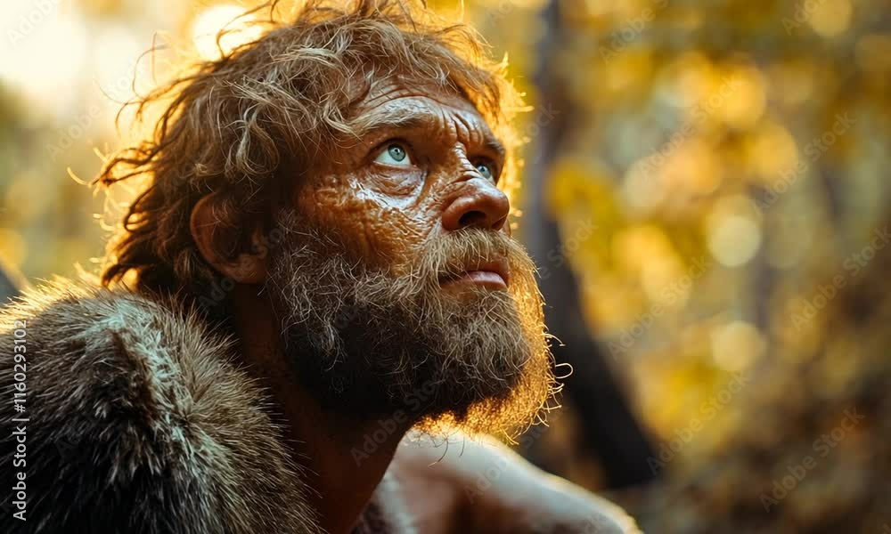 A weathered, long-haired, bearded man gazes upward in a sun-drenched forest.
