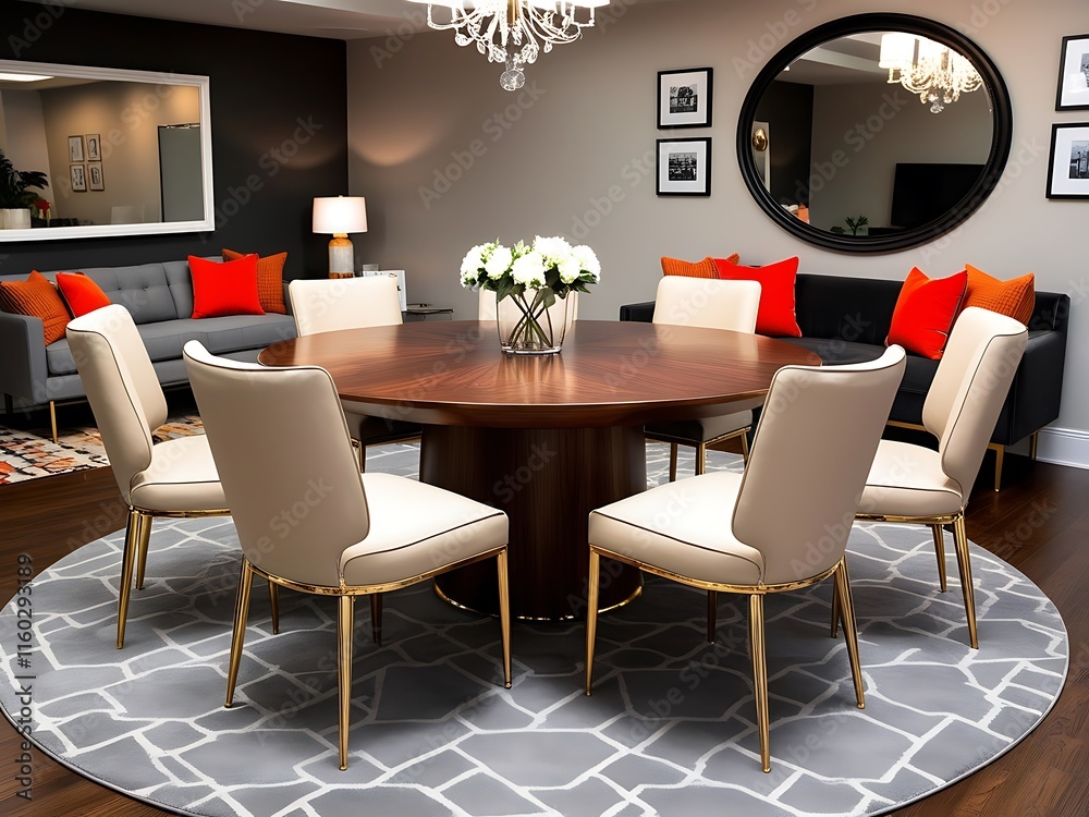 Fototapeta premium A modern dining table with a vase of flowers on it and a lamp above it