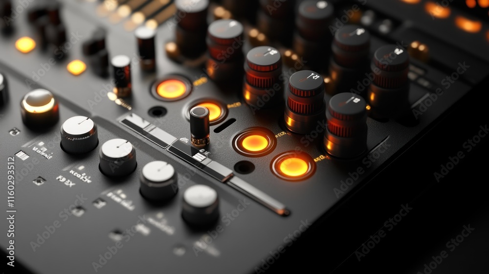 Close-up of a futuristic control panel with illuminated buttons and knobs. Close-up of a futuristic control panel with illuminated buttons and knobs.