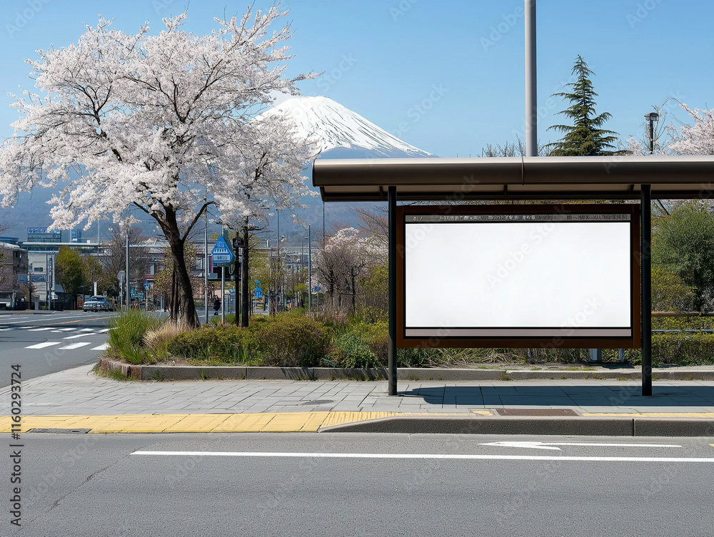 The blank billboard on the Japan road with Sakura blooming on the background The blank billboard on the Japan road with Sakura blooming on the background