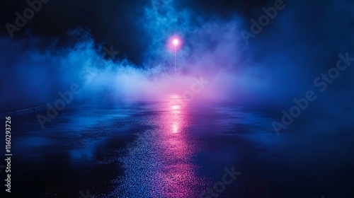 Wet Asphalt with Neon Light Reflections, Searchlight, and Smoke