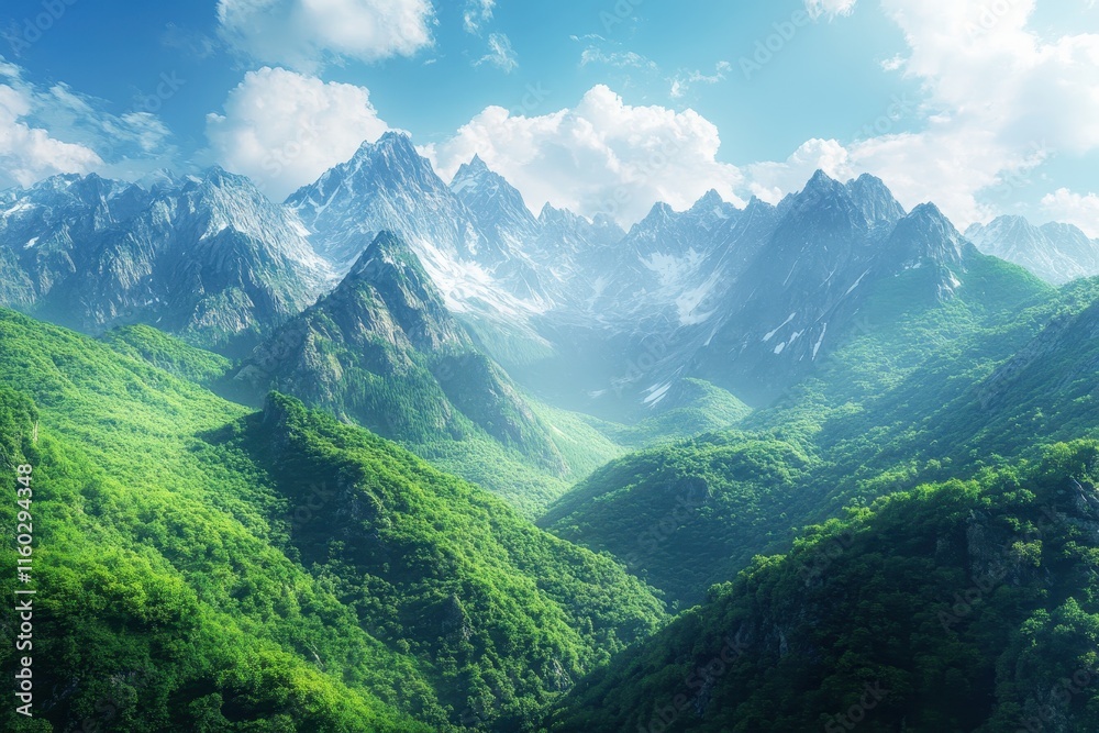 Fototapeta premium Lush Green Valley Surrounded by Majestic Snow-Capped Mountains