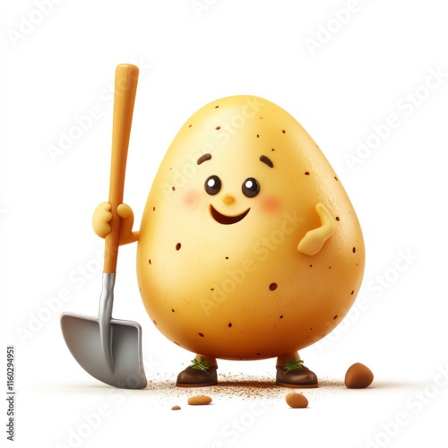 A playful potato with a tiny shovel. vector style art 3d illustration Isolated on White Background photo