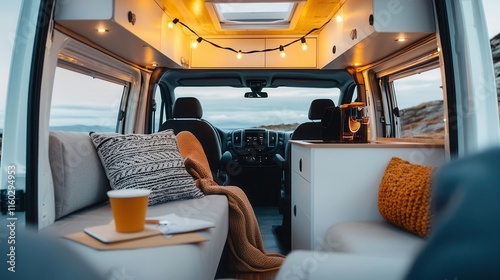 A stylish van interior with industrialstyle decor, Edison bulbs, and modern furniture