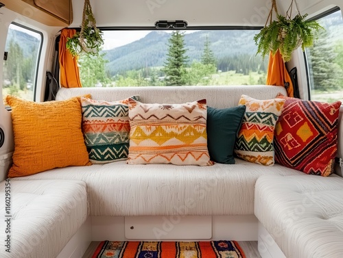 A bohemianstyle van interior with colorful textiles, throw pillows, and hanging plants photo