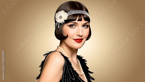 Vintage glamour portrait: elegant woman with pearl headpiece and flapper style