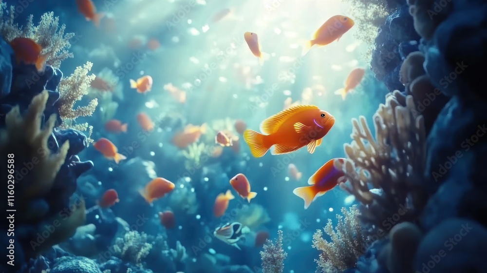 Fototapeta premium Vibrant coral reef scene with orange fish swimming in sunlit water.