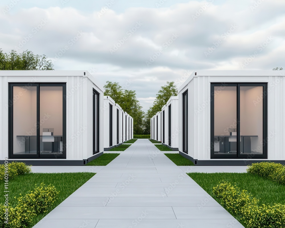 Modern container office park, pathways connecting pods, community workspace