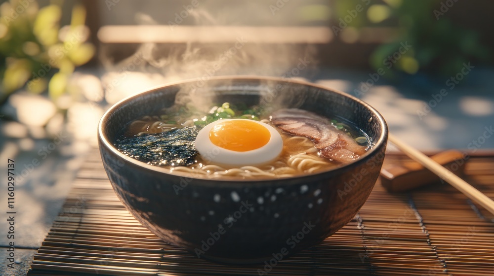 Steaming bowl of ramen noodles with egg, pork, and seaweed. Steaming bowl of ramen noodles with egg, pork, and seaweed.
