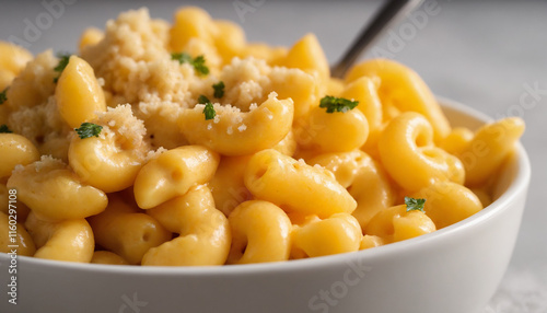Creamy Mac and cheese in close-up shot in yellow and white colors representing comfort food