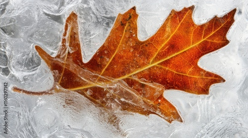 Frozen autumn oak leaf encased in clear ice. photo