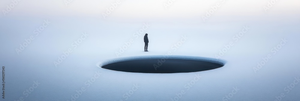 Lone figure standing near a dark abyss in a vast, white landscape. Lone figure standing near a dark abyss in a vast, white landscape.