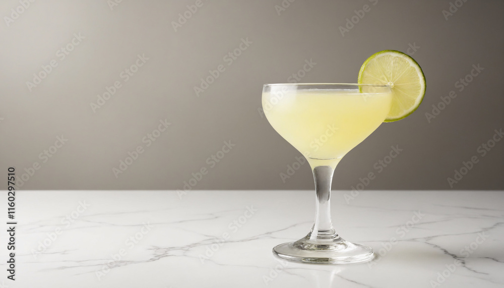 Refreshing Daiquiri in a cocktail glass with lime slice in light yellow with copy space Refreshing Daiquiri in a cocktail glass with lime slice in light yellow with copy space