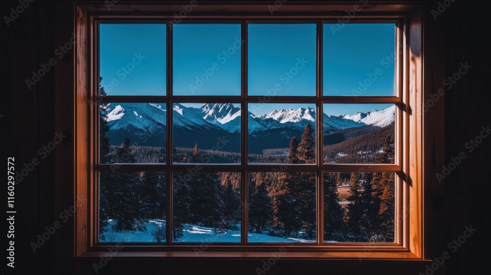 Fototapeta premium Mountain view through rustic wooden window.