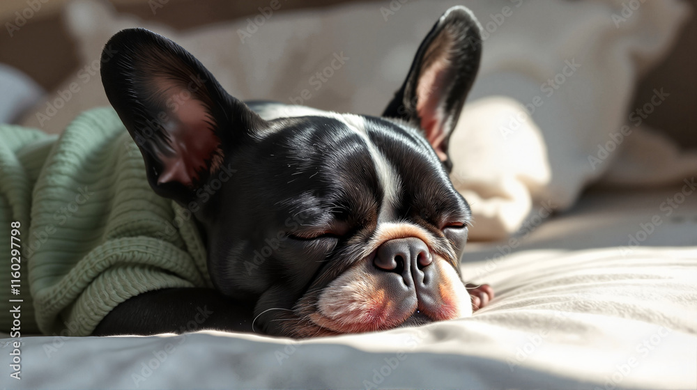 Sleeping dog in a light green sweater peacefully resting on a soft bed, radiating tranquility and comfort Sleeping dog in a light green sweater peacefully resting on a soft bed, radiating tranquility and comfort