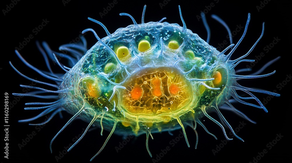 Fototapeta premium Microscopic view of a single-celled organism with numerous cilia.