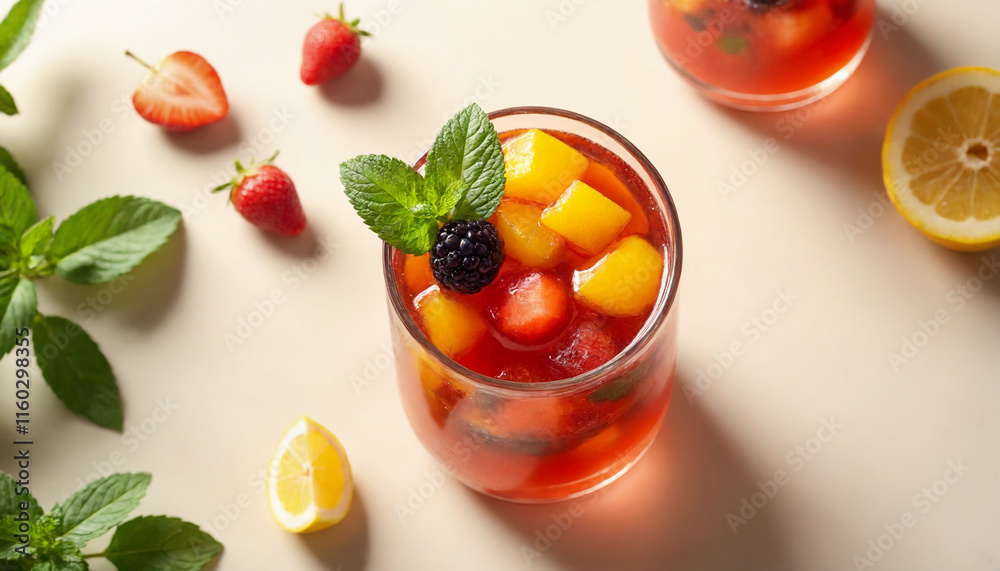 Refreshing Kompot with colorful fruits in a glass Refreshing Kompot with colorful fruits in a glass