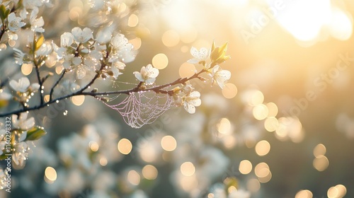 Sunrise illuminates delicate spiderweb on blossoming branch.