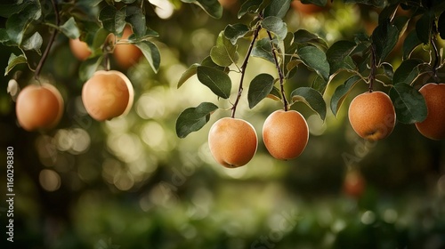 A serene image of ripe oranges hanging on a tree, surrounded by lush green foliage, capturing a bountiful harvest in a sunlit orchard.
