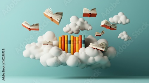 A whimsical scene featuring colorful books floating among fluffy clouds, symbolizing imagination and the joy of reading.
