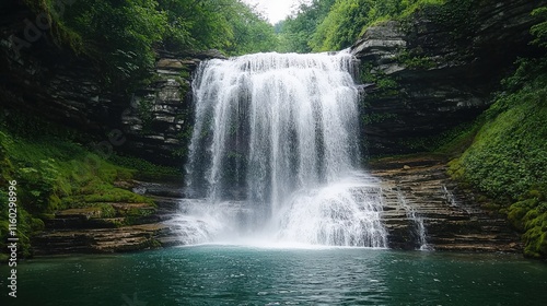 A serene waterfall cascades down rocky cliffs into a tranquil pool, surrounded by lush greenery and mist, creating a picturesque natural scene.