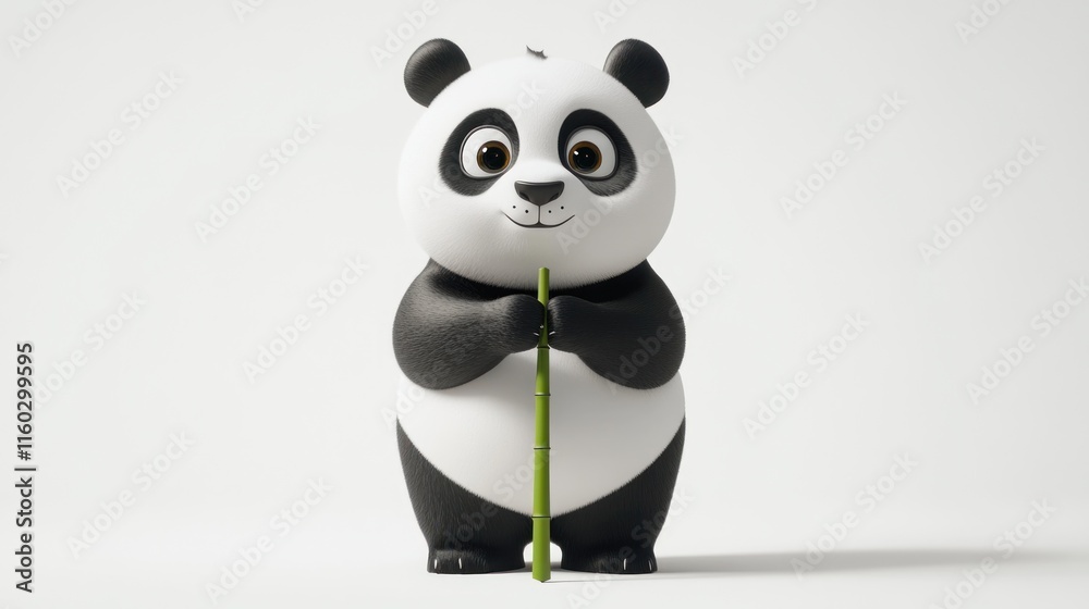 Fototapeta premium Cute cartoon panda holding bamboo stalk.