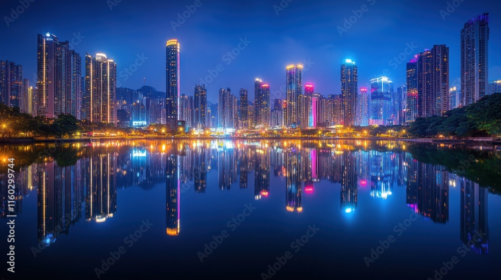 Fototapeta premium Night cityscape reflected in calm water.