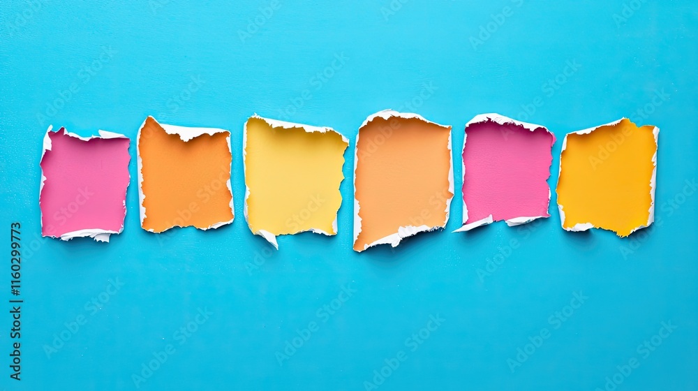 Obraz premium Colorful torn paper pieces on a blue background create a vibrant, eye-catching visual perfect for creative design or artistic projects.
